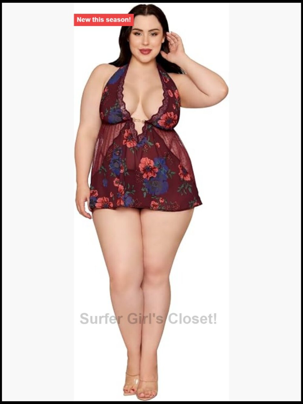 Plus Size Floral Chiffon Babydoll & G-string Halter Lingerie Set